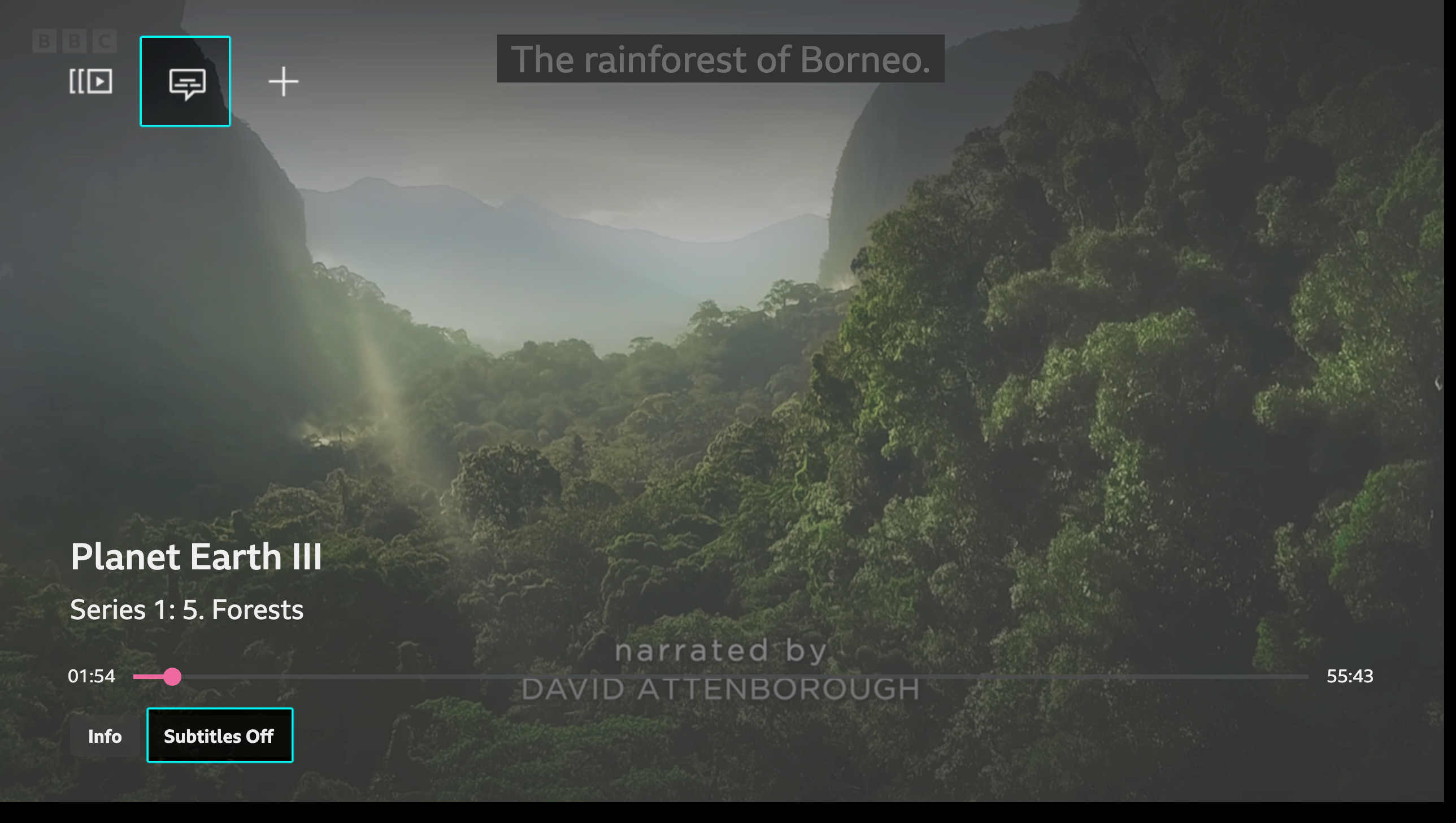 Screenshot of the TV playback screen with the subtitles icon highlighted